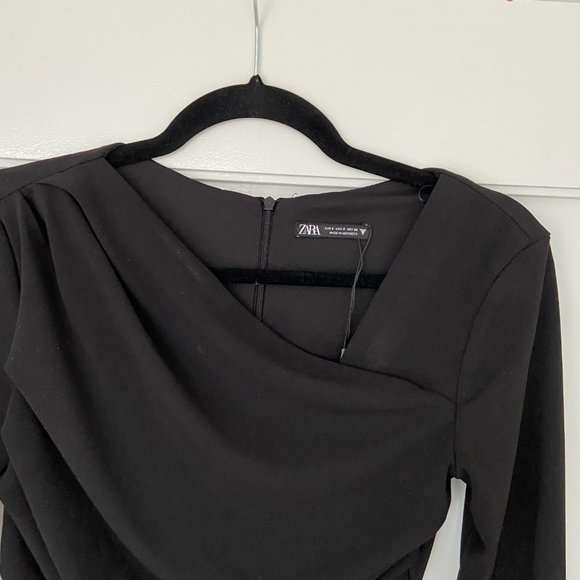 Zara Draped Wrap Mini-Dress Small Black V-neck Cinched Long Sleeves - Picture 7 of 10